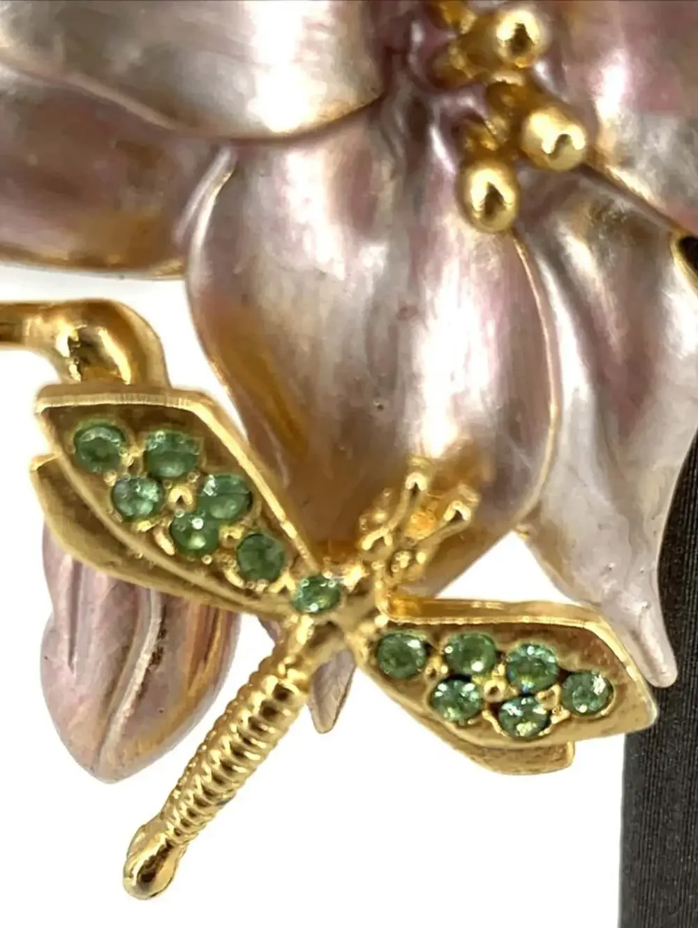 A.S. Brooch Enamel Flower Green Rhinestones Dragonfly 2